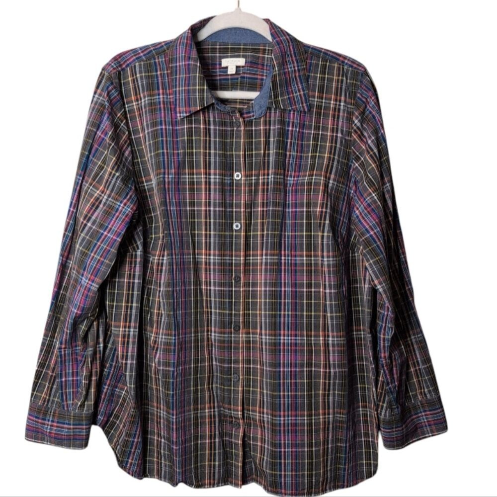 Talbots Pencil Classic plaid Cotton Shirt Career Casual Size 2X roll tabs
